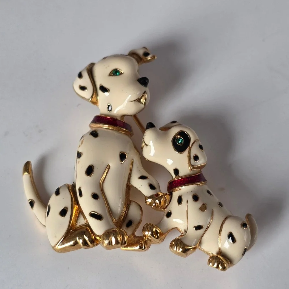 Vintage Dalmatian Dog and Puppy Enamel Brooch Gold Tone Animal Pin White Black
